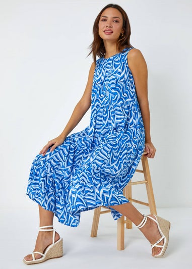 Roman Blue Sleeveless Geometric Print Smock Dress