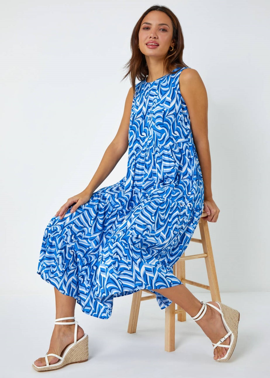 Roman Blue Sleeveless Geometric Print Smock Dress