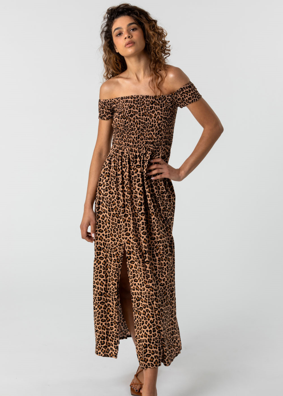 Roman Brown Shirred Leopard Print Bardot Dress