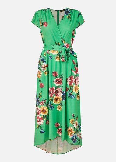 Mela Green Bright Floral Dip Hem Wrap Midi Dress