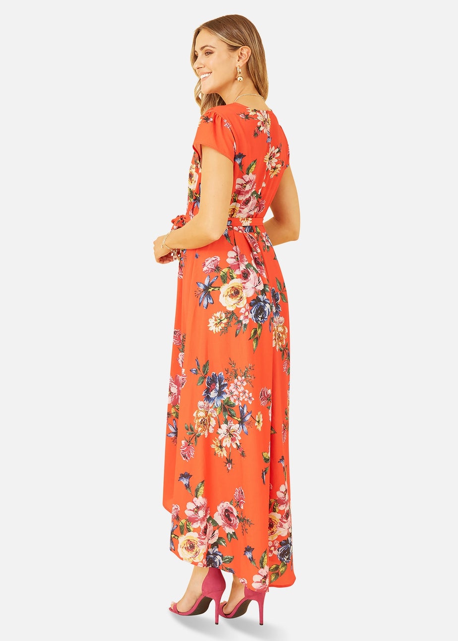 Mela Orange Floral Wrap Dip Hem Dress