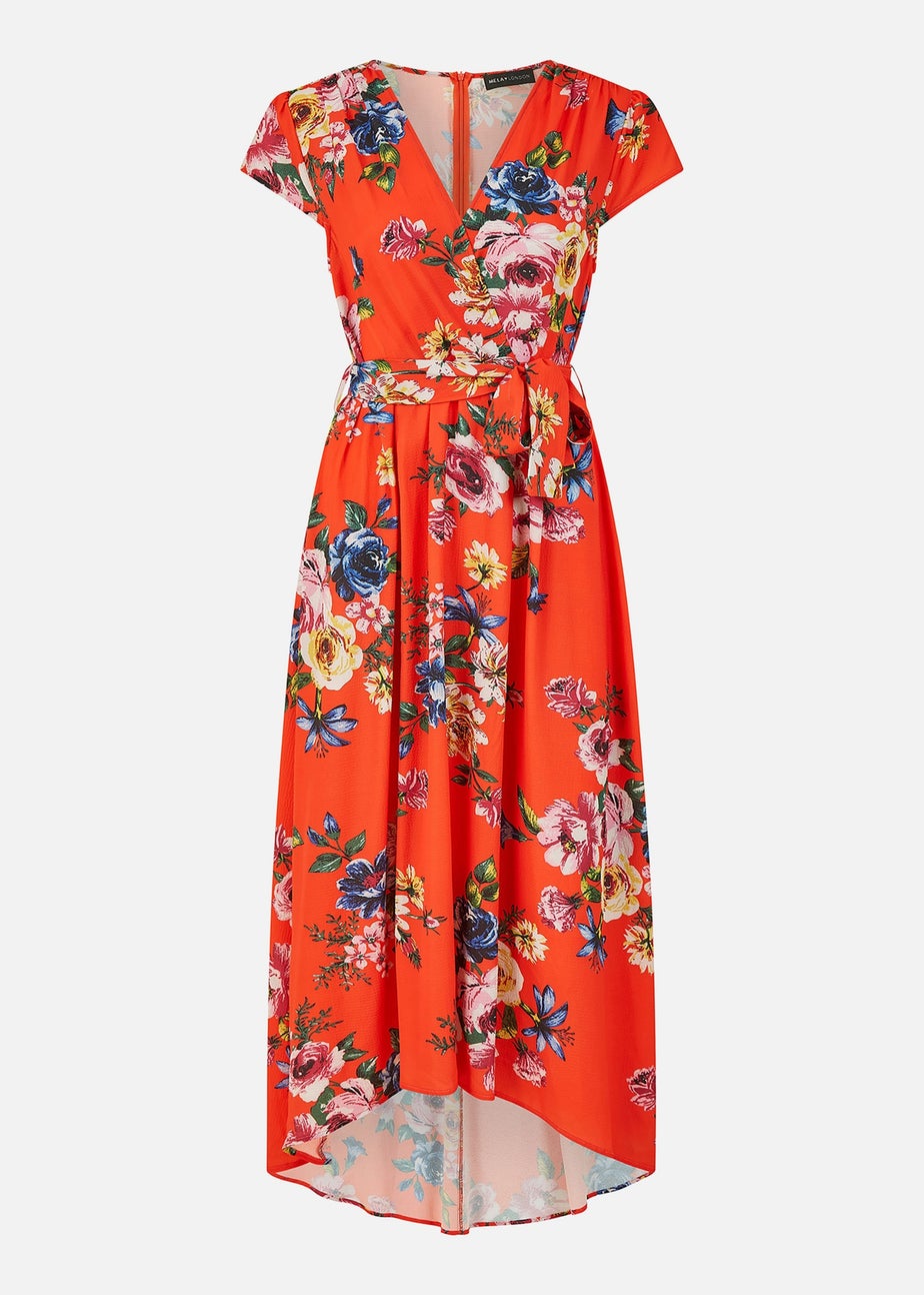Mela Orange Floral Wrap Dip Hem Dress