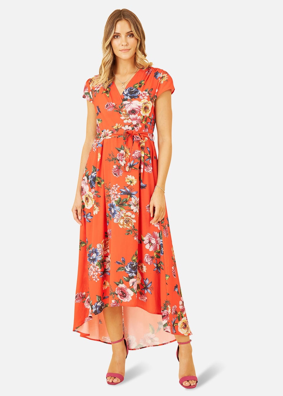 Mela Orange Floral Wrap Dip Hem Dress