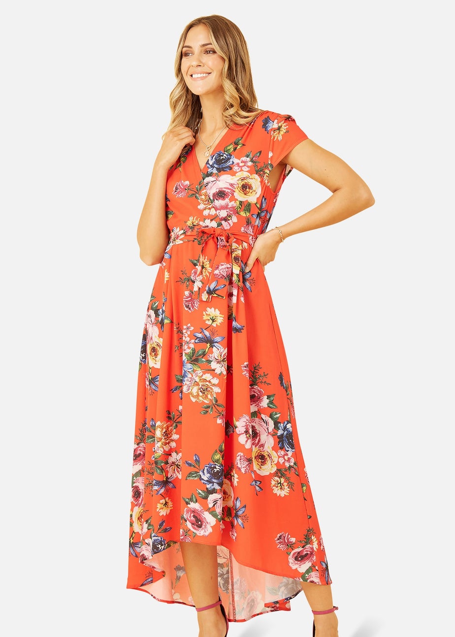 Mela Orange Floral Wrap Dip Hem Dress