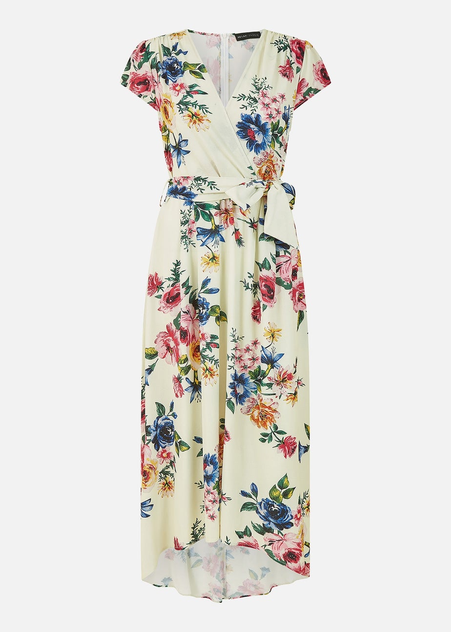 Mela Ivory Floral Wrap Dip Hem Dress