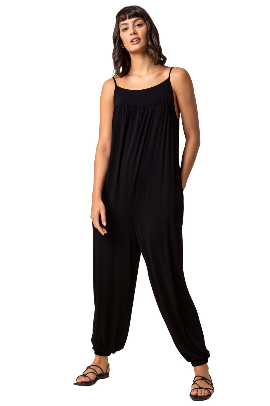 Roman Black Strappy Full Length Stretch Jumpsuit