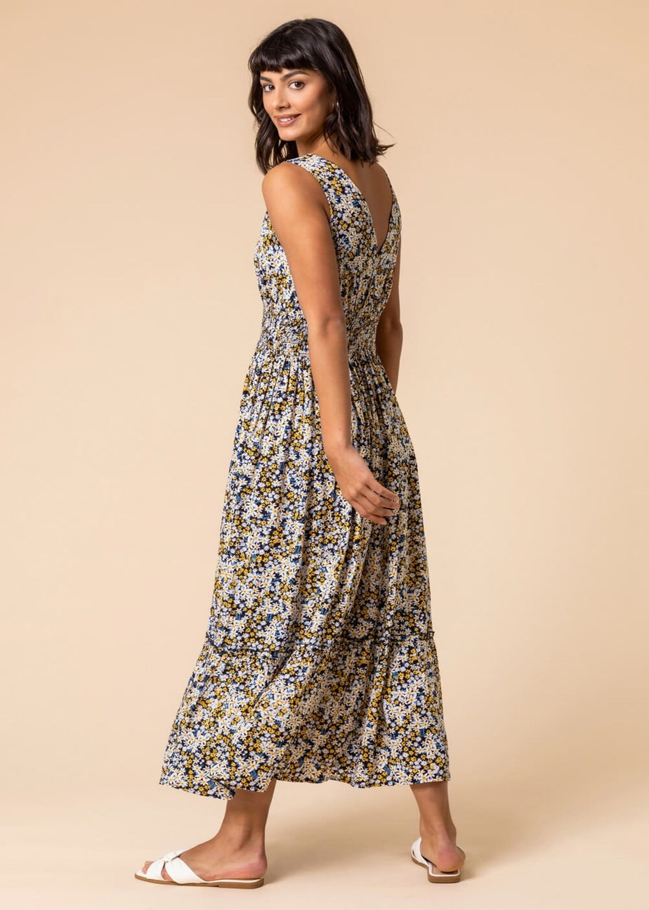 Roman Multi Ditsy Floral Shirred Waist Midi Dress