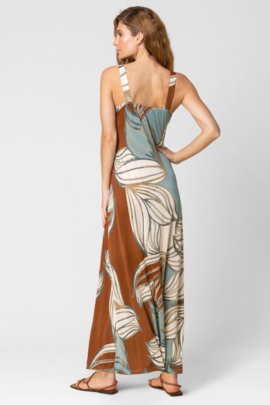 Roman Blue Abstract Leaf Print V Neck Maxi Dress