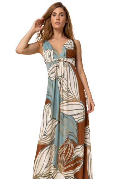 Roman Blue Abstract Leaf Print V Neck Maxi Dress