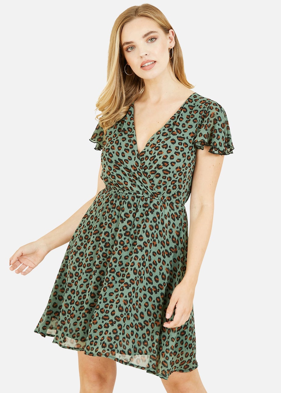 Mela Green Animal Print Wrap Skater Dress