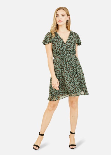 Mela Green Animal Print Wrap Skater Dress