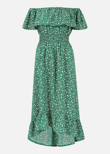 Mela Green Ditsy Daisy Printed Dipped Hem Bardot Dress