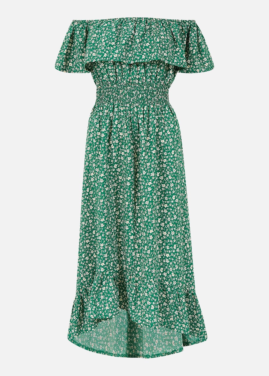 Mela Green Ditsy Daisy Printed Dipped Hem Bardot Dress