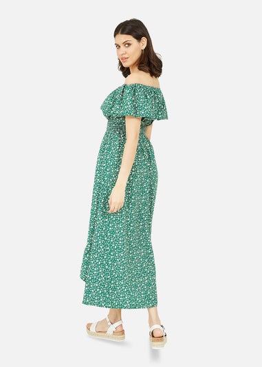 Mela Green Ditsy Daisy Printed Dipped Hem Bardot Dress