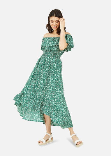 Mela Green Ditsy Daisy Printed Dipped Hem Bardot Dress