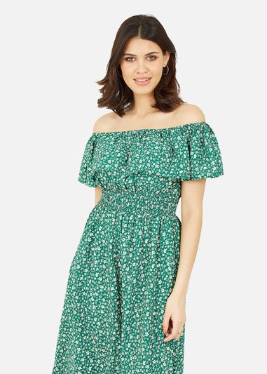 Mela Green Ditsy Daisy Printed Dipped Hem Bardot Dress