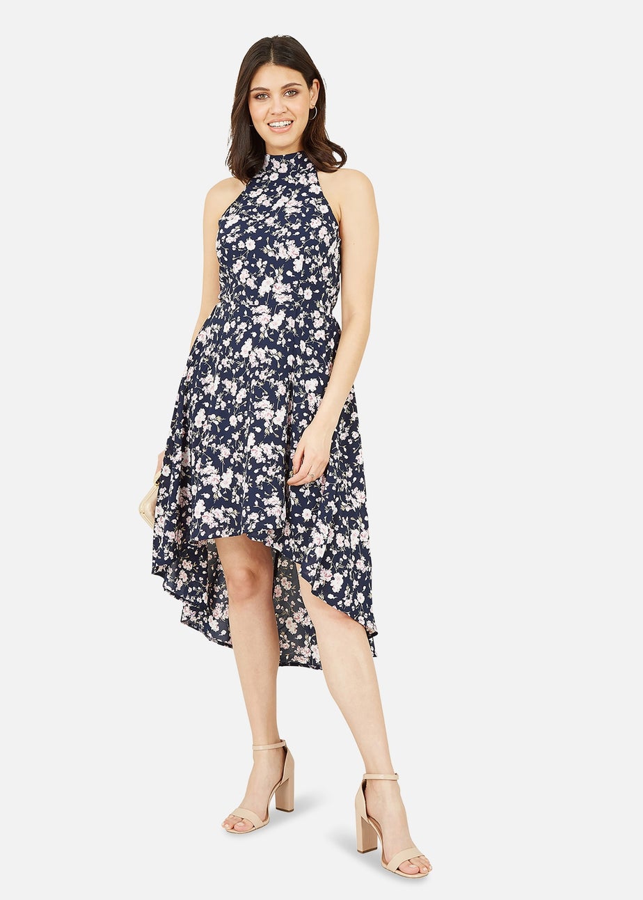Mela Navy Floral Halter Neck High Low Dress
