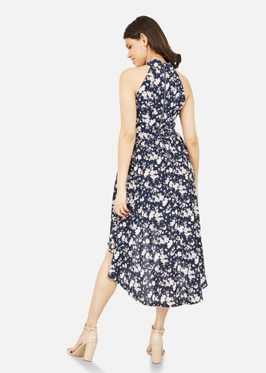Mela Navy Floral Halter Neck High Low Dress