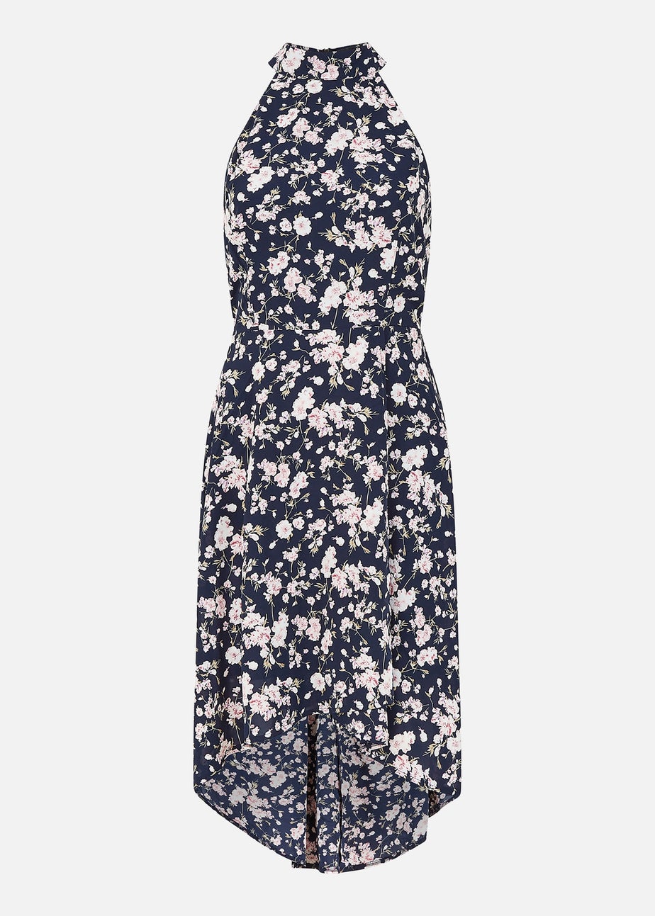 Mela Navy Floral Halter Neck High Low Dress