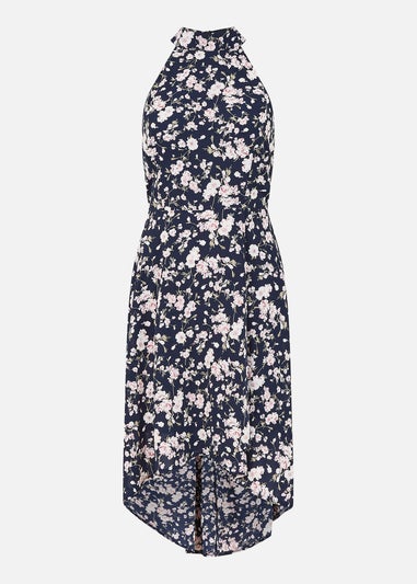 Mela Navy Floral Halter Neck High Low Dress