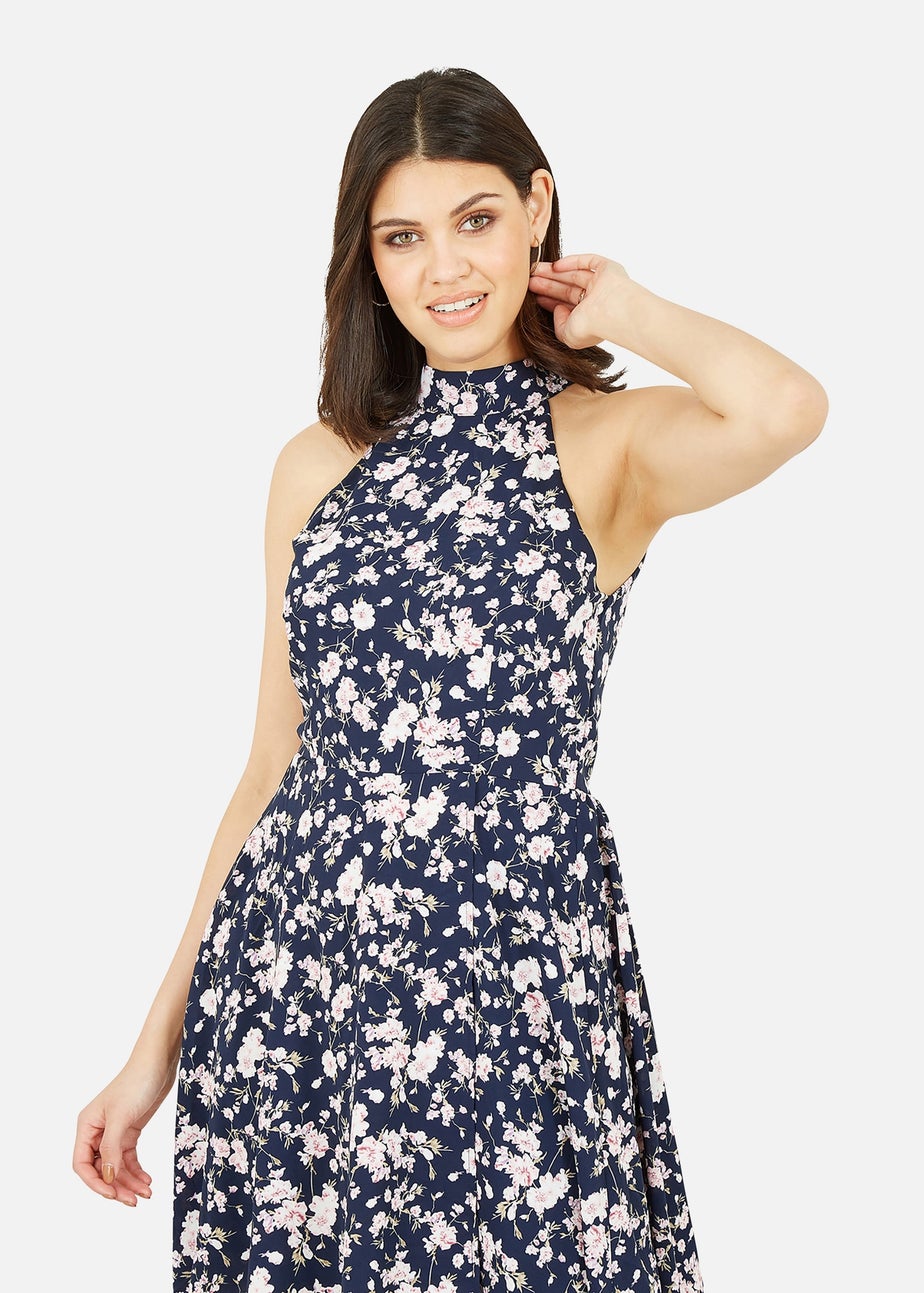 Mela Navy Floral Halter Neck High Low Dress