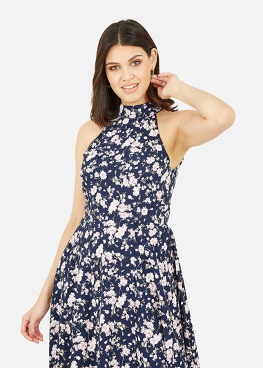 Mela Navy Floral Halter Neck High Low Dress