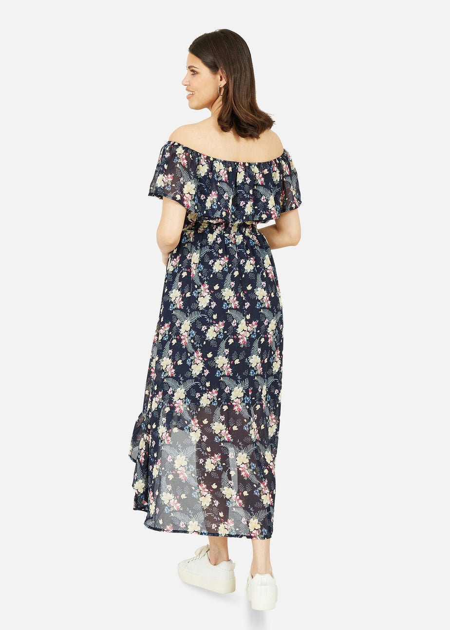 Mela Navy Tropical Printed Dipped Hem Bardot Dress