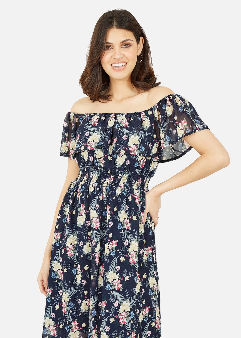 Mela Navy Tropical Printed Dipped Hem Bardot Dress