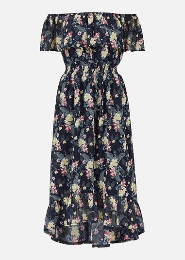 Mela Navy Tropical Printed Dipped Hem Bardot Dress