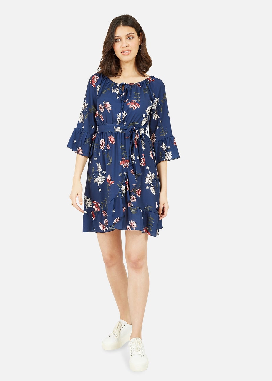 Mela Navy Floral Bardot Frill Skater Dress