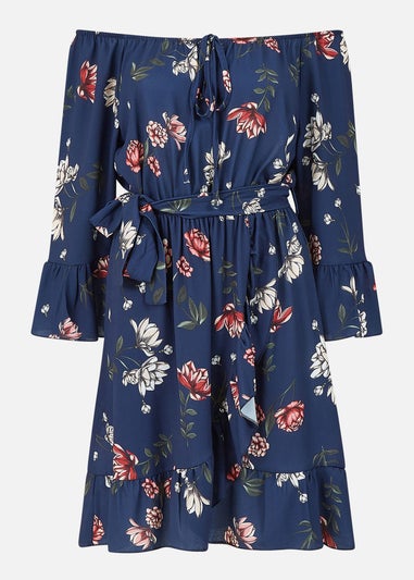 Mela Navy Floral Bardot Frill Skater Dress