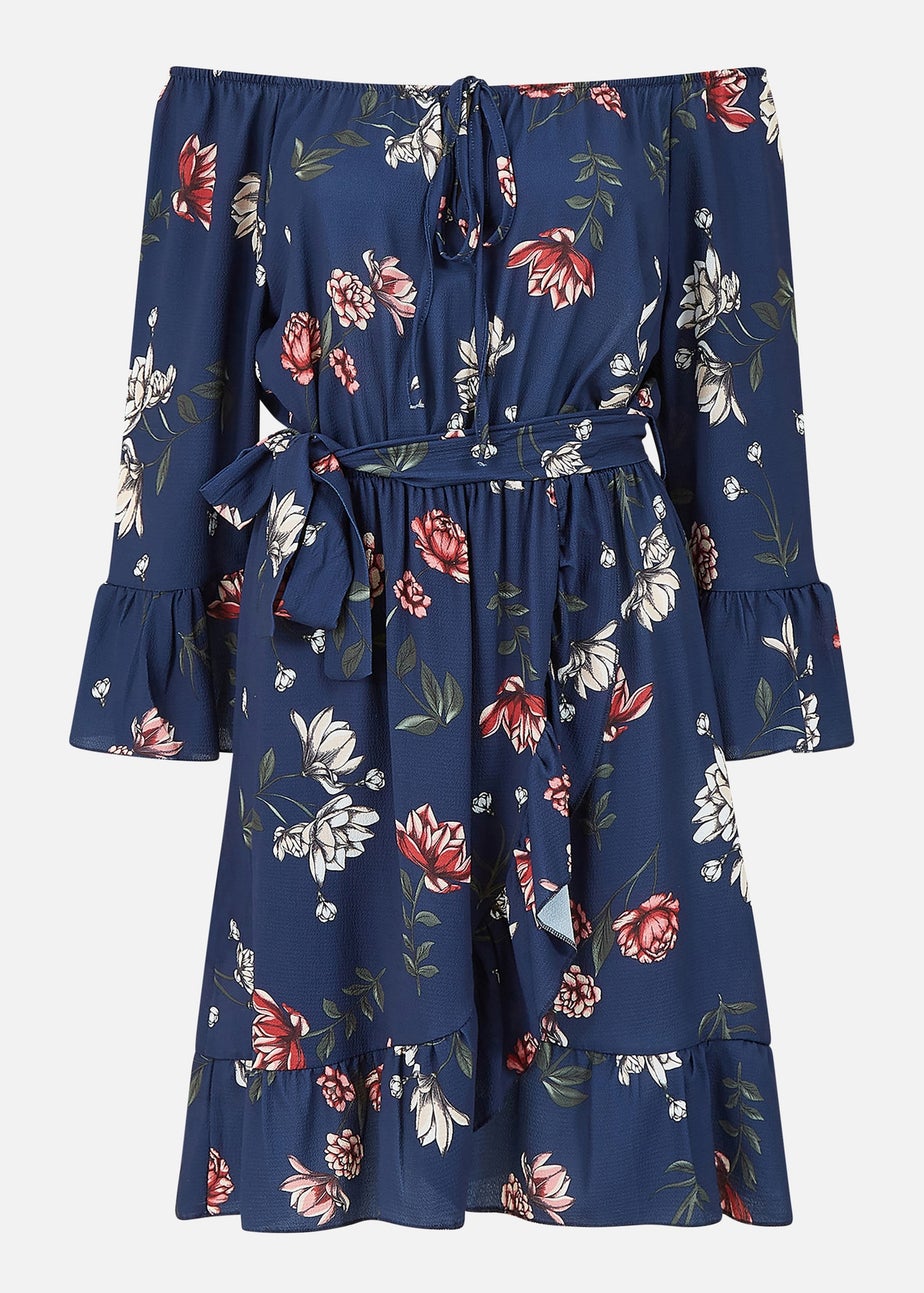 Mela Navy Floral Bardot Frill Skater Dress