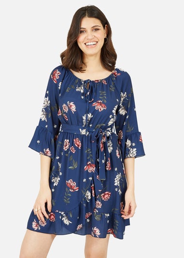 Mela Navy Floral Bardot Frill Skater Dress