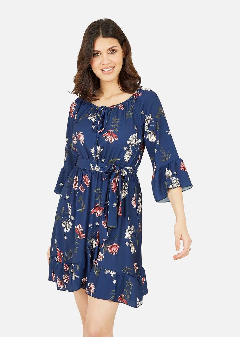 Mela Navy Floral Bardot Frill Skater Dress