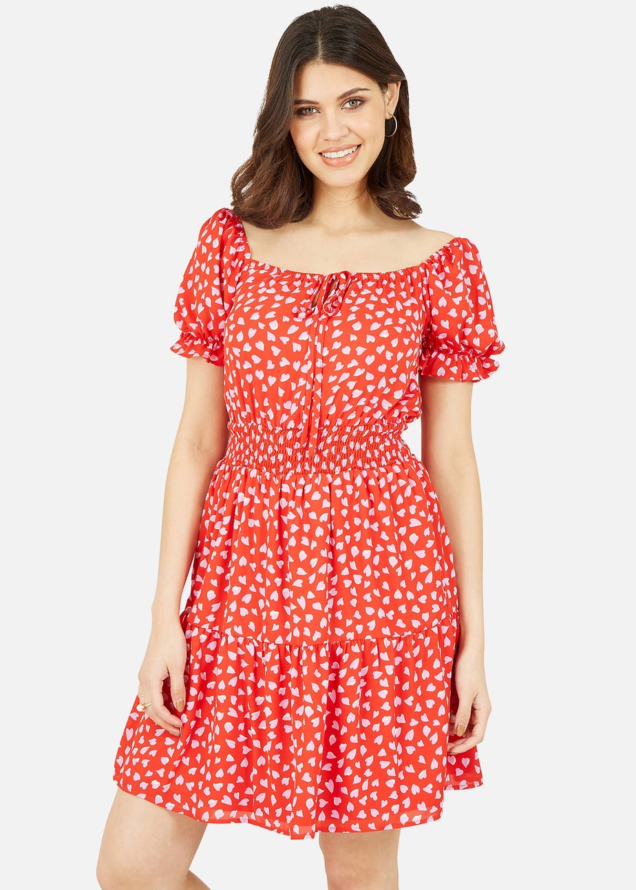 Mela Red Heart Printed Bardot Skater Dress