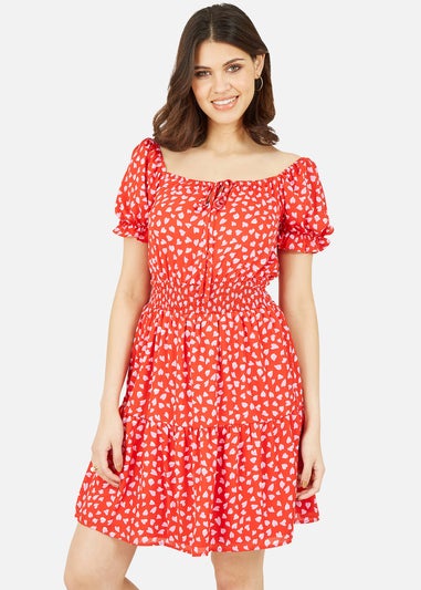Mela Red Heart Printed Bardot Skater Dress