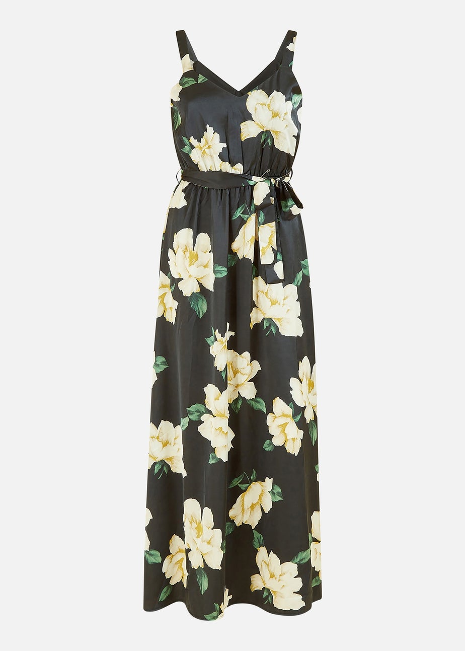 Mela Black Satin Floral Print Maxi Dress