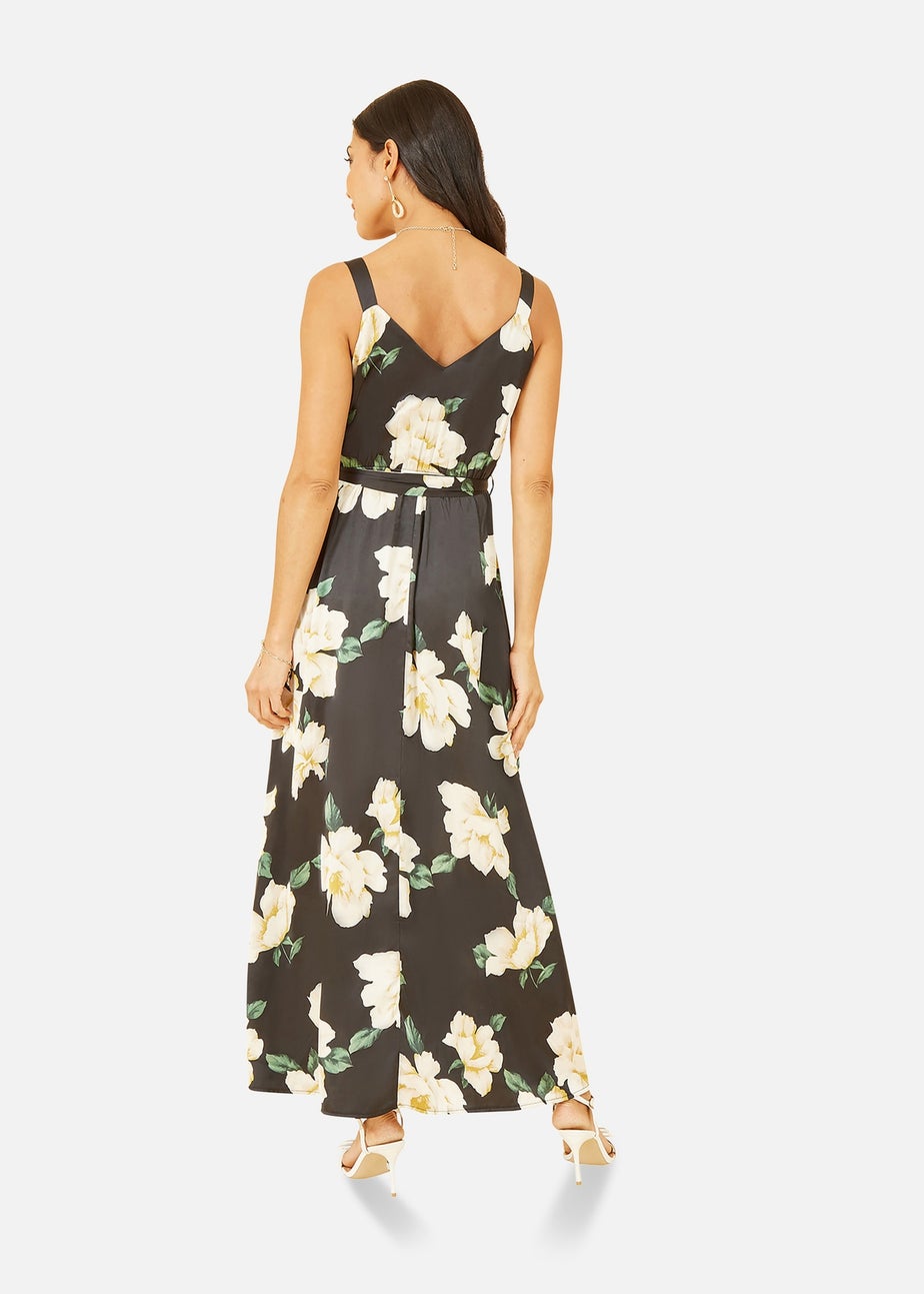Mela Black Satin Floral Print Maxi Dress