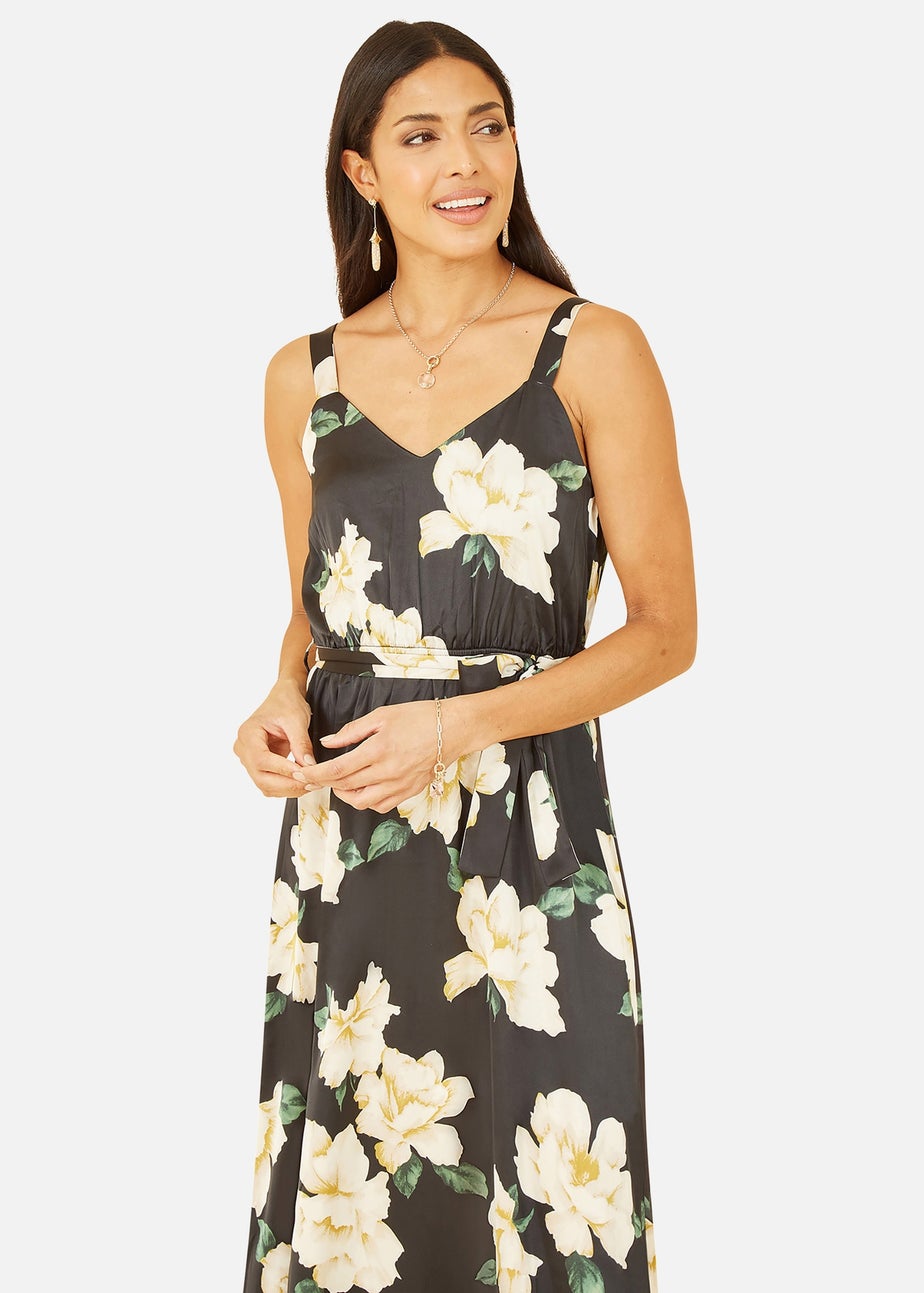 Mela Black Satin Floral Print Maxi Dress