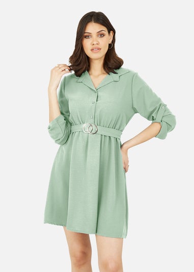 Mela Sage Green Gold Buckle Skater Shirt Dress