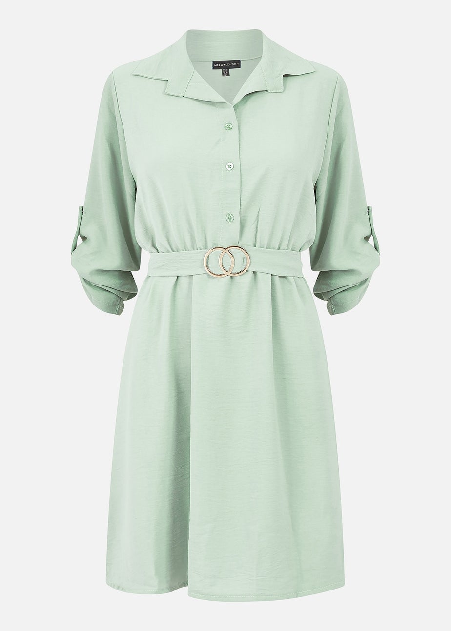 Mela Sage Green Gold Buckle Skater Shirt Dress