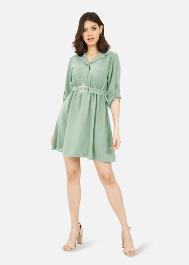 Mela Sage Green Gold Buckle Skater Shirt Dress