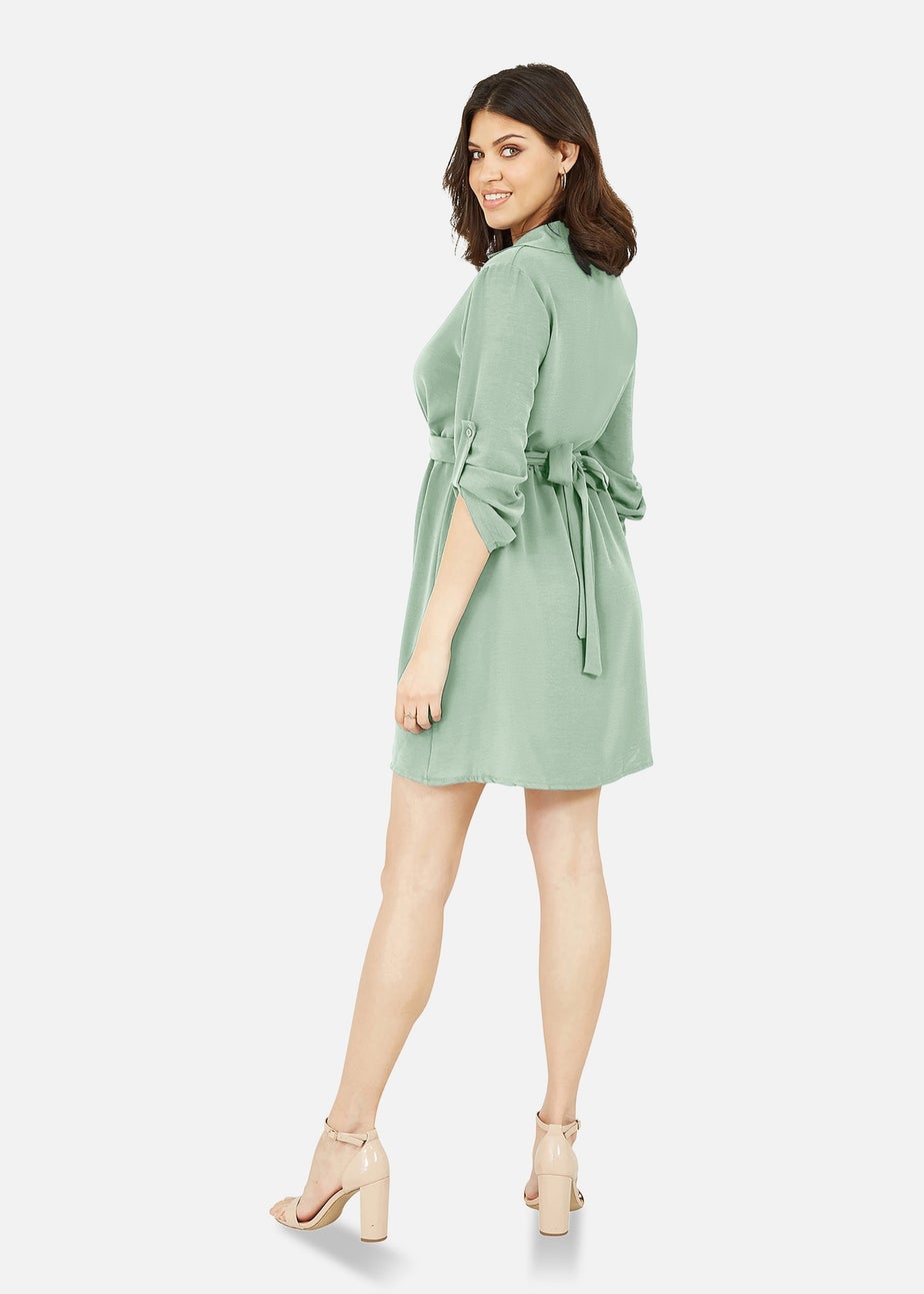 Mela Sage Green Gold Buckle Skater Shirt Dress