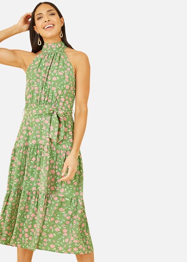 Mela Green Halter Neck Floral Midi Dress