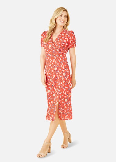 Mela Red Floral Midi Tea Dress