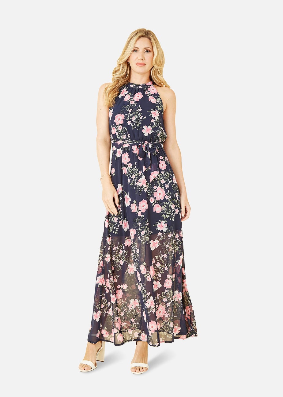 Mela Navy Floral Print Halter Neck Maxi Dress