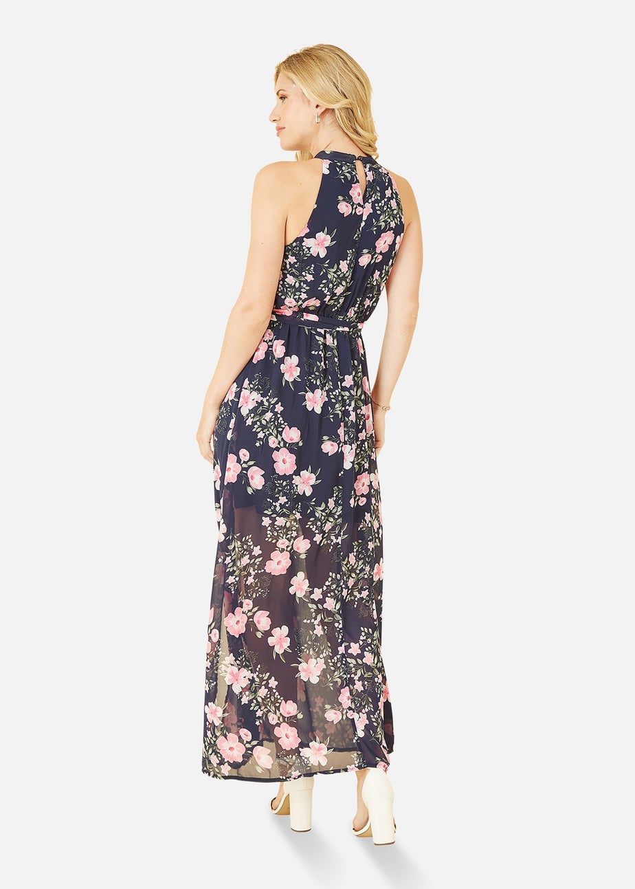 Mela Navy Floral Print Halter Neck Maxi Dress