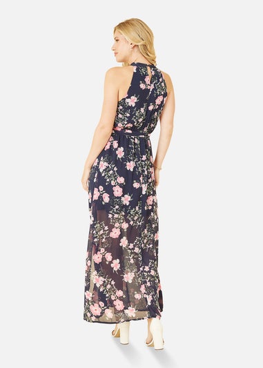 Mela Navy Floral Print Halter Neck Maxi Dress
