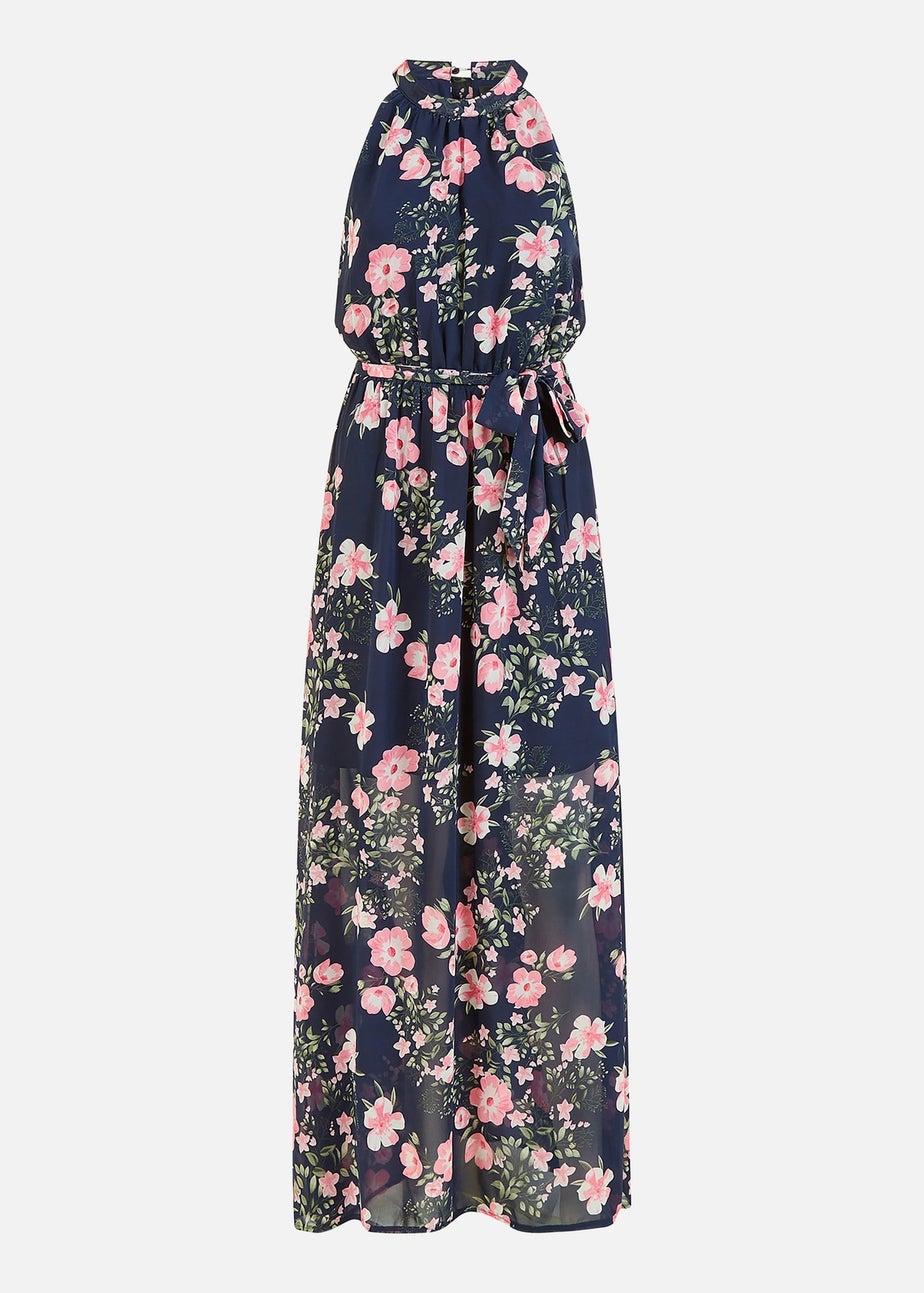 Mela Navy Floral Print Halter Neck Maxi Dress