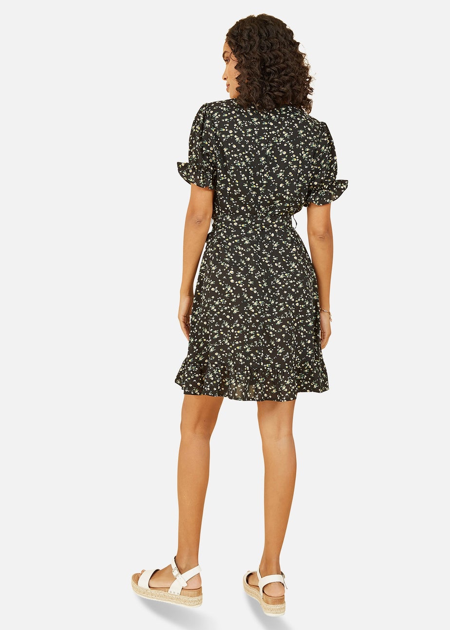 Mela Black Ditsy Print Wrap Dress With Frill Details